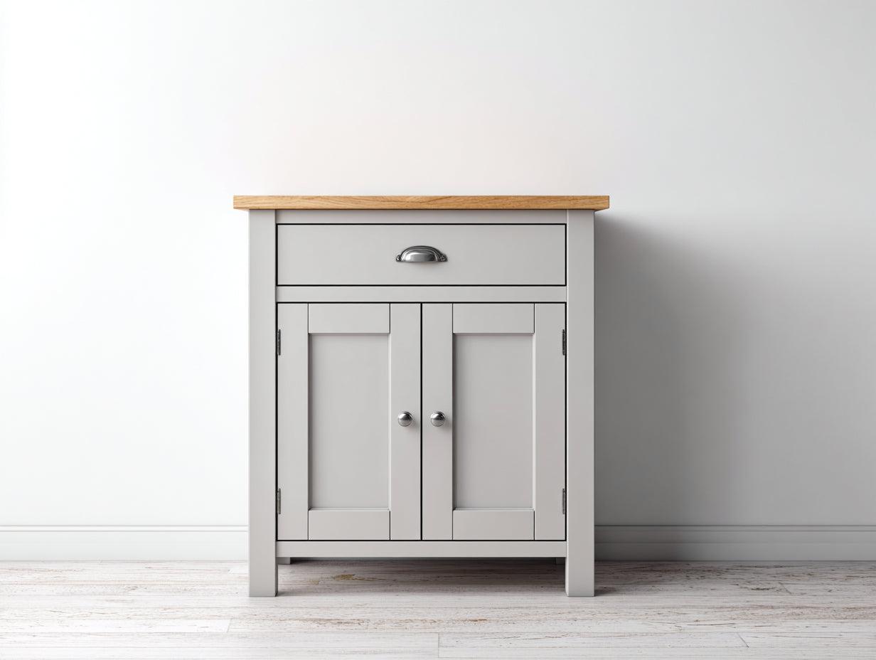Credenza-legno-MDF-metallo-78x52x90 cm-grigio perla-rovere chiaro-classico compatto