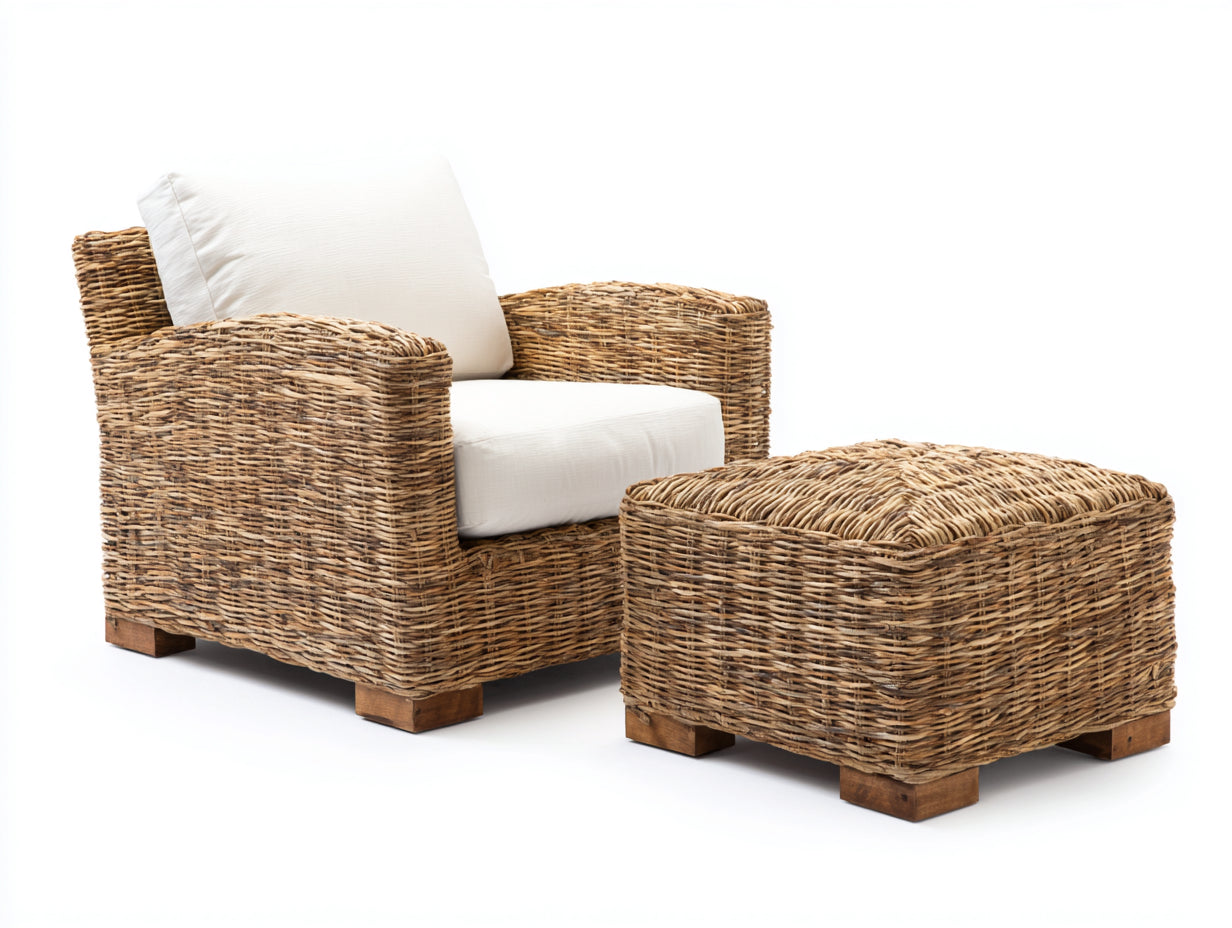 Poltrona da giardino - rattan-tessuto-legno - 100x92x86 cm - naturale-avorio - stile rustico