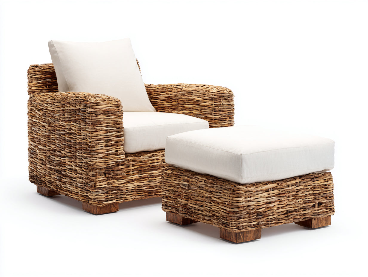Poltrona da giardino - rattan-tessuto-legno - 96x88x84 cm - naturale-bianco - stile naturale