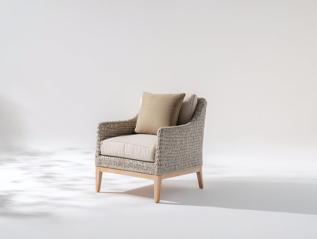 Poltrona da giardino - rattan-tessuto-legno - 84x80x86 cm - grigio chiaro-beige - stile naturale