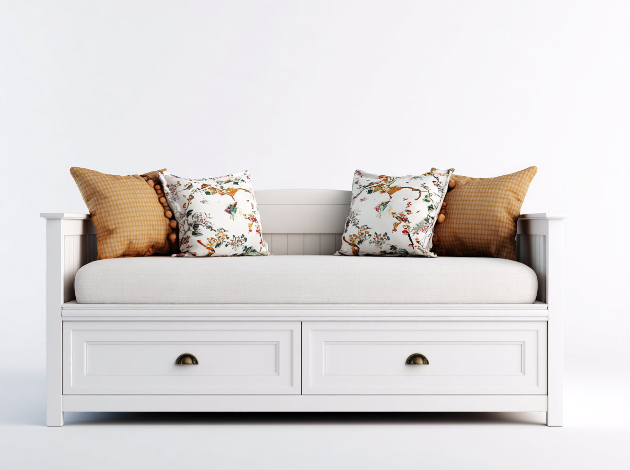 Divano letto - Legno-Tessuto - 208x96x90 cm - Bianco-Beige - Classico country