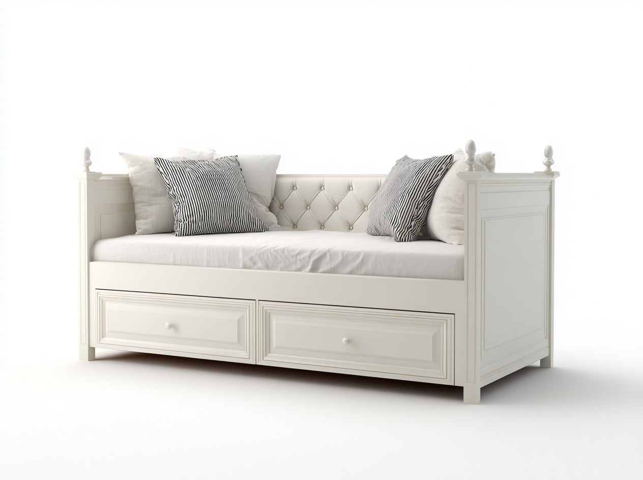 Divano letto - Legno-Ecopelle-Tessuto - 216x100x96 cm - Bianco - Classico capitonné