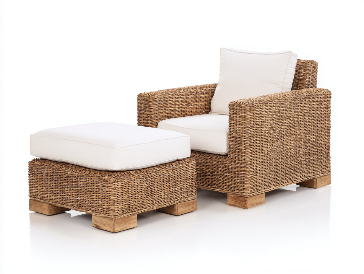 Poltrona da giardino - rattan-tessuto-legno - 98x92x86 cm - miele-bianco - stile rustico