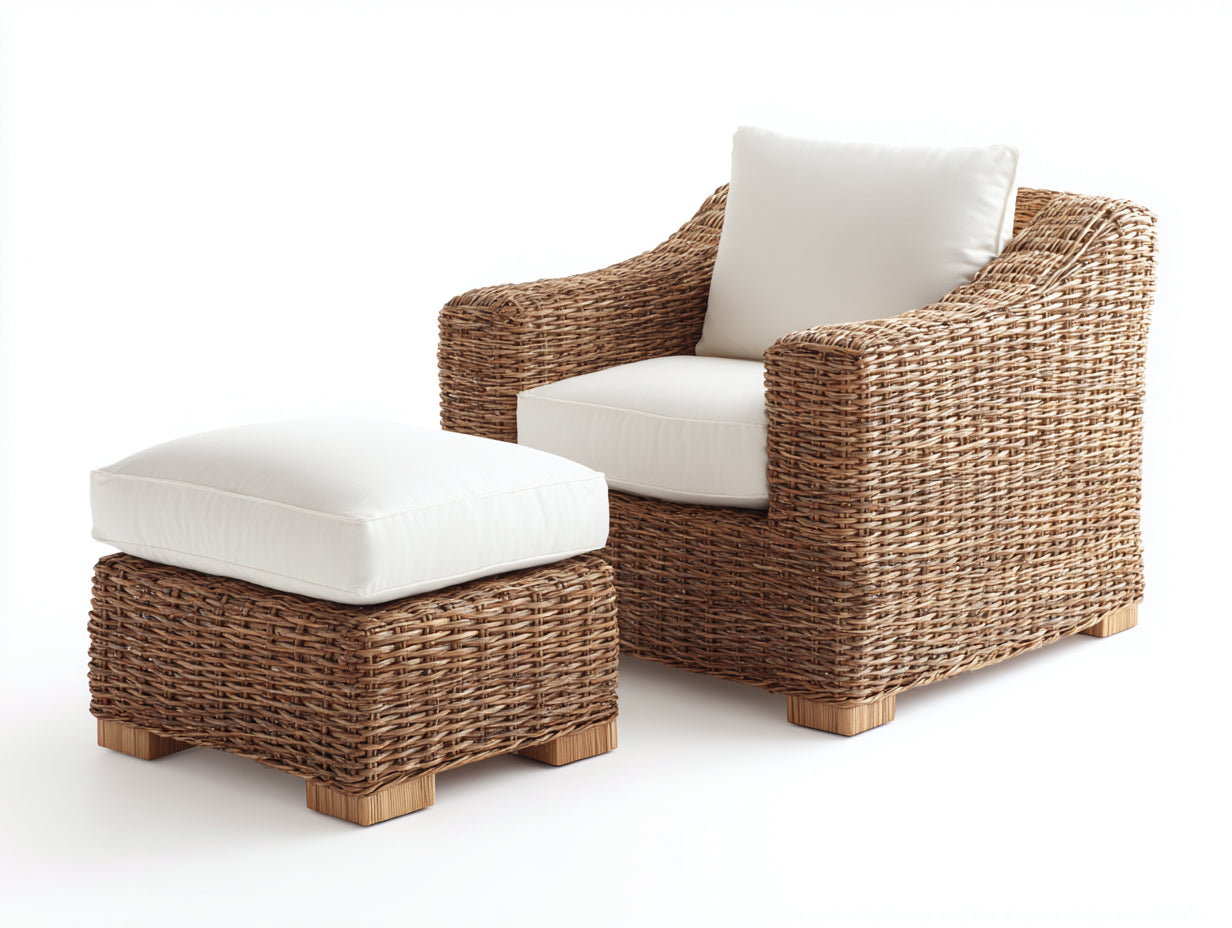 Poltrona da giardino - rattan-tessuto-legno - 98x90x82 cm - naturale-bianco - stile rustico