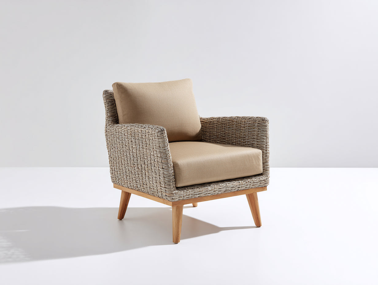 Poltrona da giardino - rattan-tessuto-legno - 86x82x88 cm - grigio naturale-beige - stile moderno