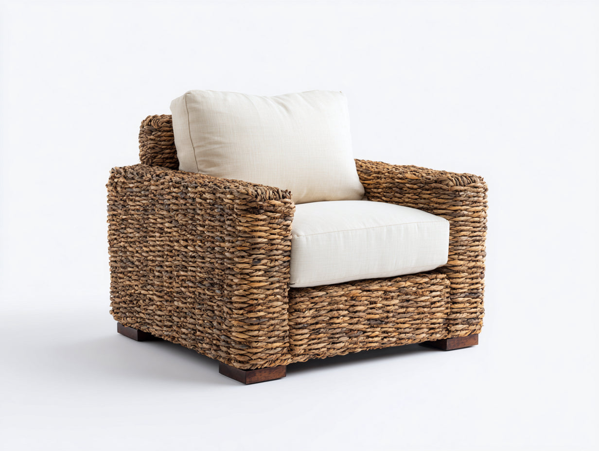 Poltrona da giardino - rattan-tessuto-legno - 95x88x78 cm - naturale-crema - stile rustico