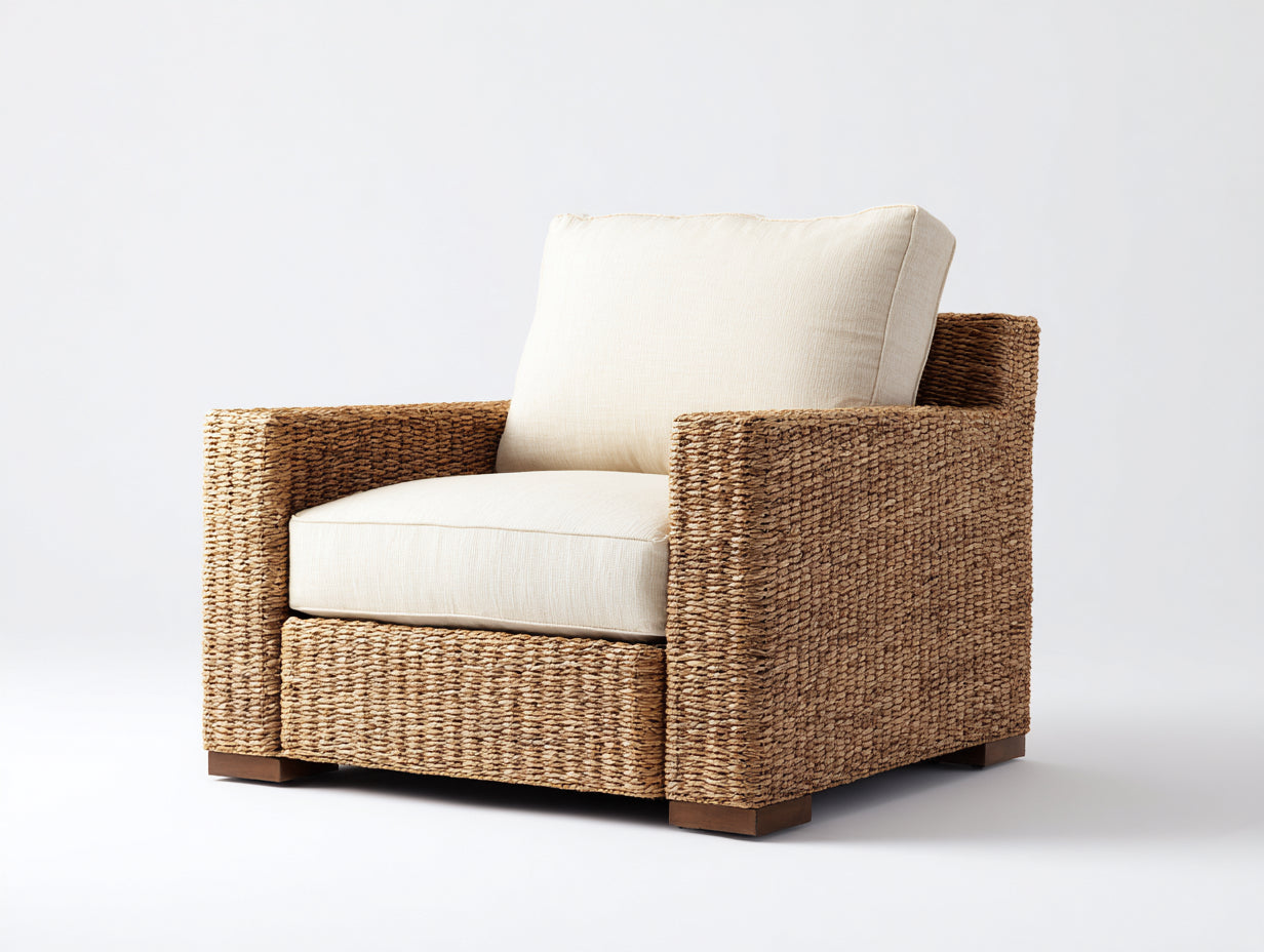 Poltrona da giardino - rattan-tessuto-legno - 96x90x79 cm - naturale-crema - stile rustico