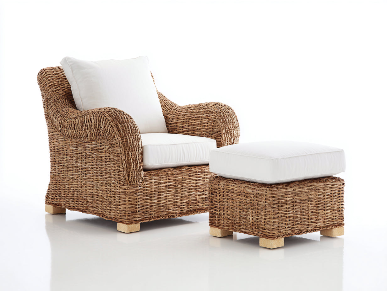 Poltrona da giardino - rattan-tessuto-legno - 94x88x80 cm - miele-bianco - stile naturale