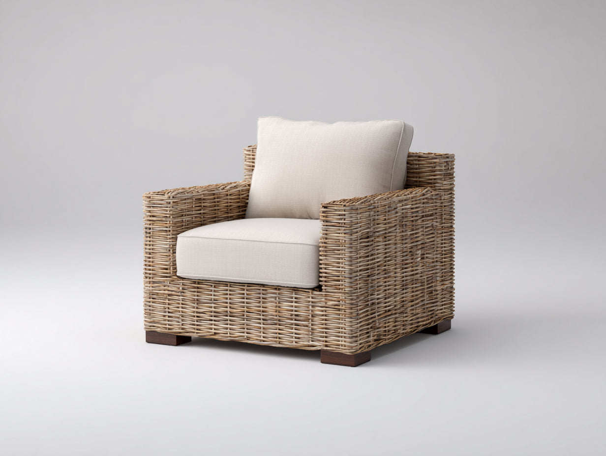 Poltrona da giardino - rattan-tessuto-legno - 92x89x77 cm - sabbia-crema - stile moderno